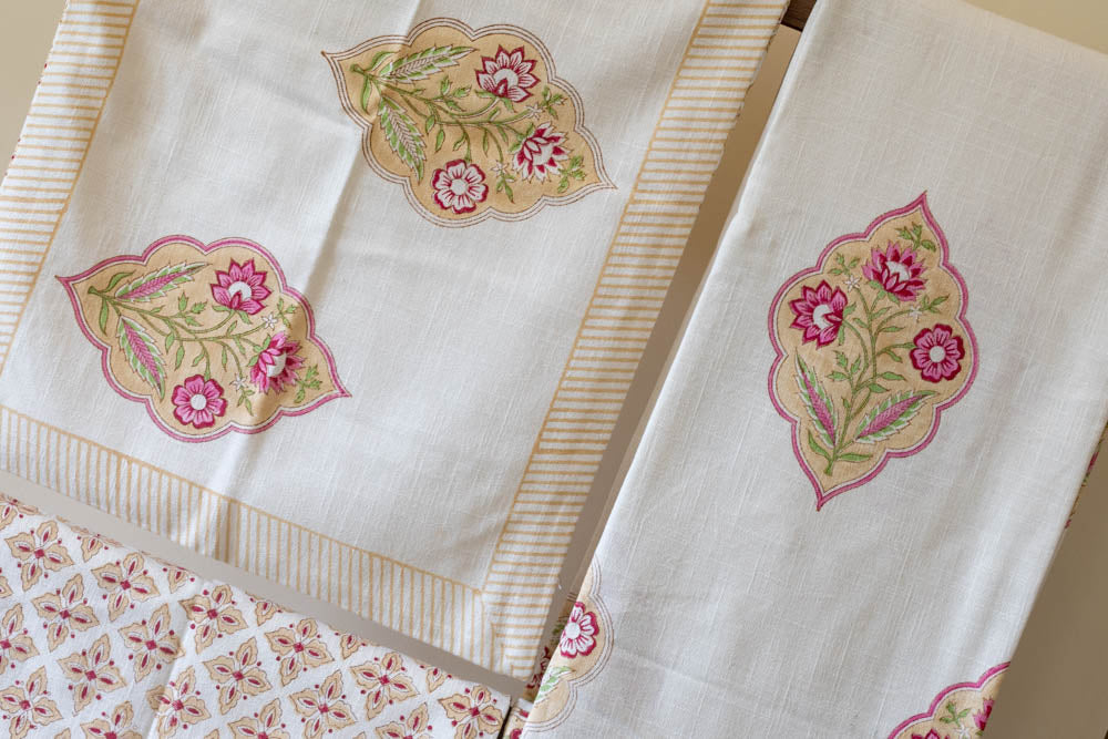 HAND BLOCK PRINTED COTTON SLUB BEDCOVER SET-Queen size