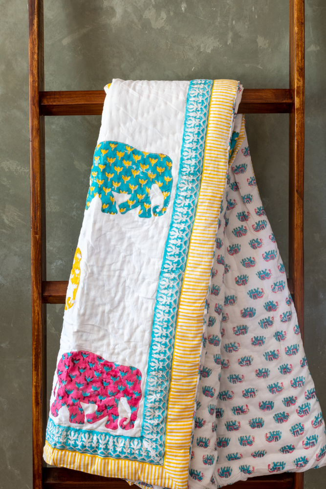 COTTON QUILT FOR KIDS | REVERSIBLE-Elle the elephant(0-4 Years)