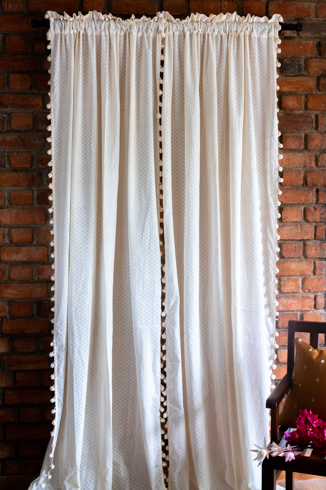 COTTON DOBBY SHEER CURTAINS with cotton pom pom lace-7.5 Feet-Single unit