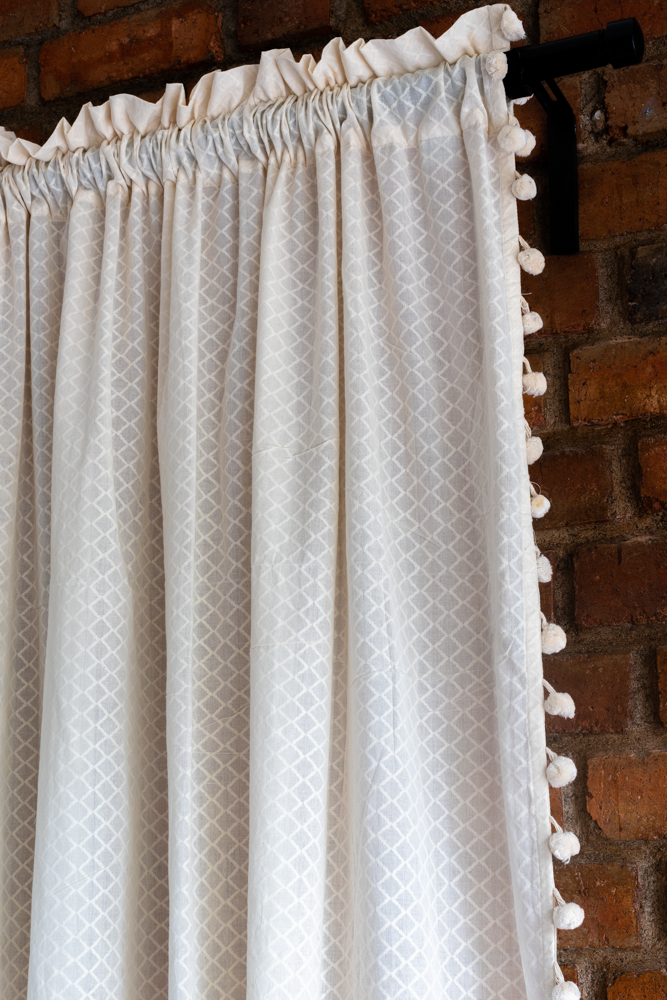 COTTON DOBBY SHEER CURTAINS with cotton pom pom lace-7.5 Feet-Single unit