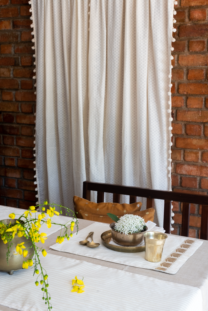 COTTON DOBBY SHEER CURTAINS with cotton pom pom lace-7.5 Feet-Single unit