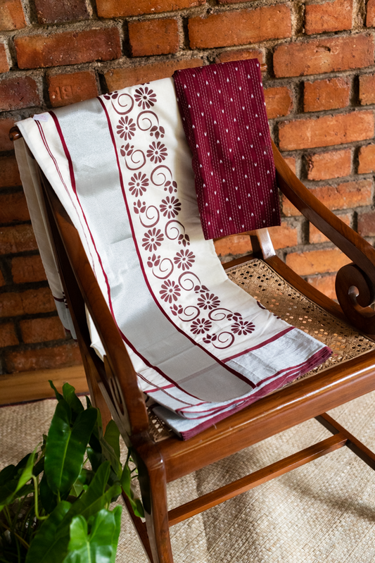 KERALA SET SAREE-Maroon floral