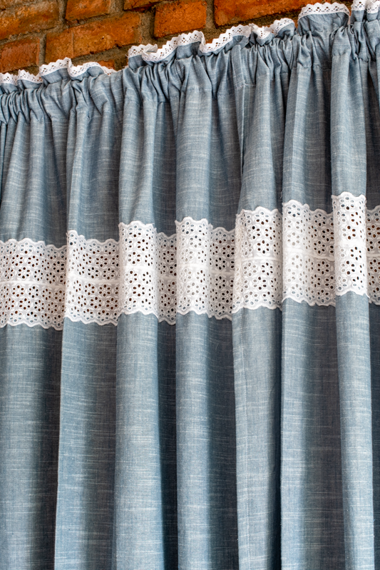 COTTON SLUB CURTAIN WITH LACE DETAILING-7 feet