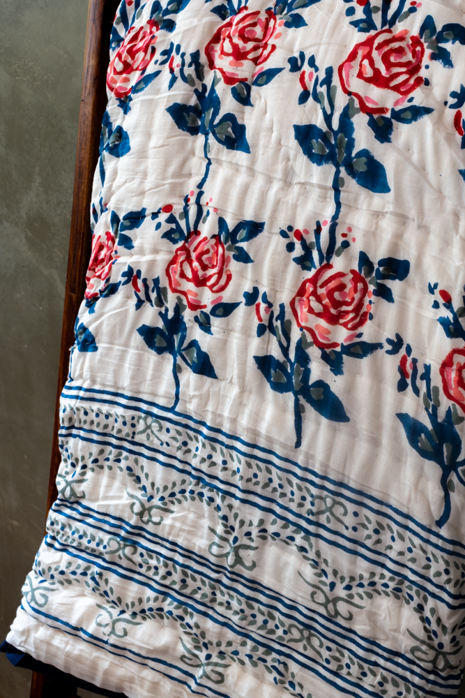 ENGLISH ROSE-Premium hand block printed bedding set-Queen size